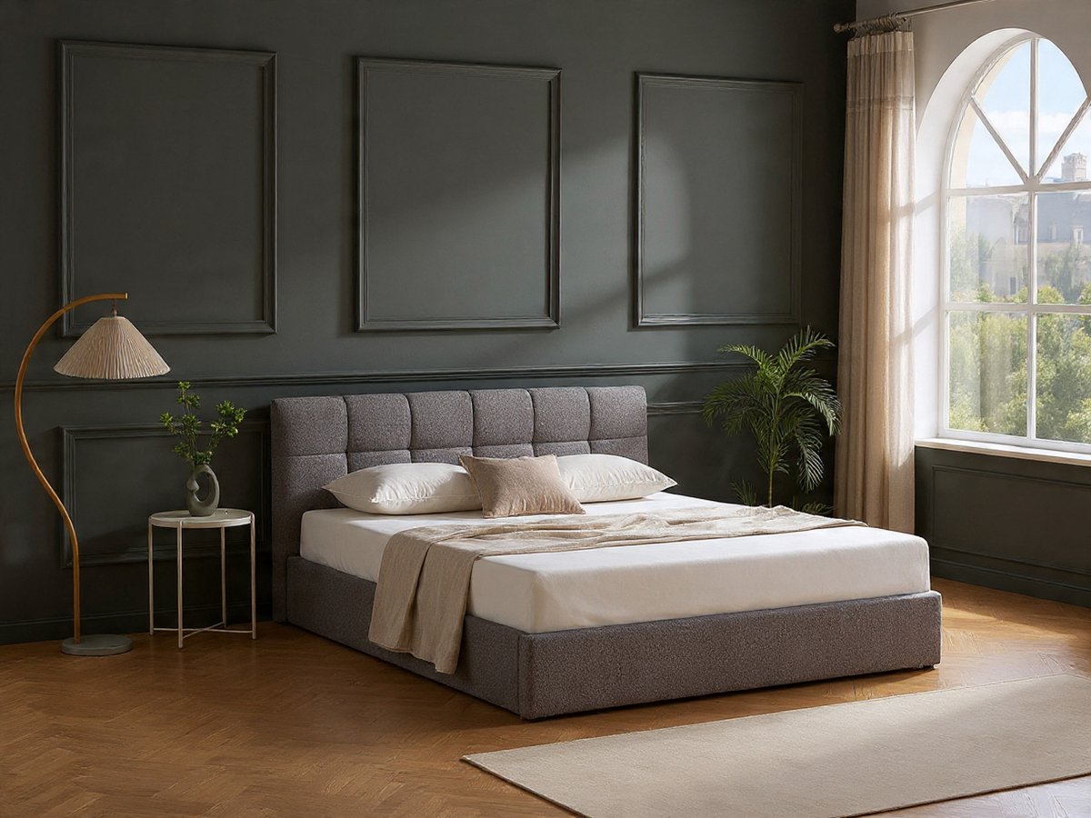 Mazziri Luxe Bed met Opbergruimte 180x200 cm – Bouclé Teddy Stof Grijs – Modern Design Bed met Lattenbodem, 36 Latten, 500 kg Draagkracht, Premium Slaapbed met Hoofdbord –Novihome