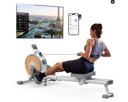 MERACH Roeimachine voor thuis - Stille magnetische roeitrainer- Exclusieve app - 16 weerstandsniveaus - Verbeterde dubbele glijrails - Bluetooth-display & tablet-houder - Verticale opslag - Gemakkelijk te monteren - Belastbaar tot 158 kg