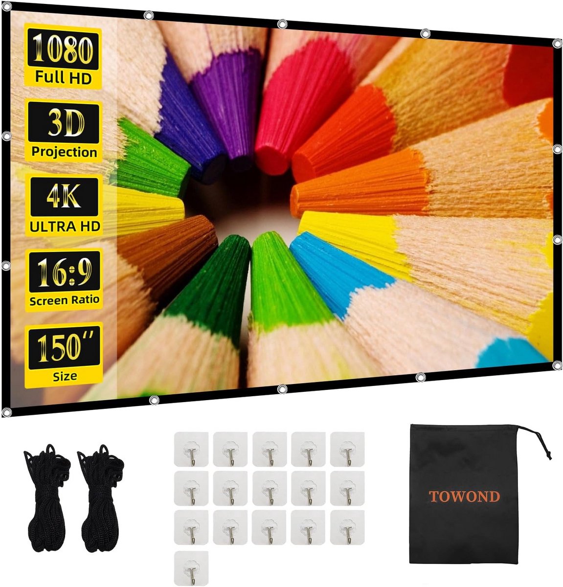 Projectiescherm 150 inch - Wasbaar en Anti-vouw - 16:9 HD Filmdoek voor Thuisbioscoop en Kantoor