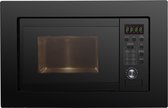 Zwarte Exquisit inbouwmagnetron met gesloten deur, digitaal display en zwart bedieningspaneel met diverse knoppen en een draaiknop.