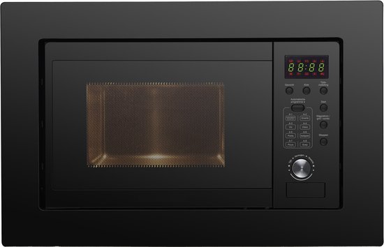 Zwarte Exquisit inbouwmagnetron met gesloten deur, digitaal display en zwart bedieningspaneel met diverse knoppen en een draaiknop.