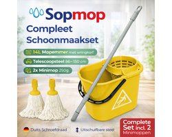 Sopmop Professionele Dweilset Geel – 14L Dweilemmer met Wringkorf – 2× Midi Mop 250g – Telescoopsteel – Verkrijgbaar in 4 kleuren