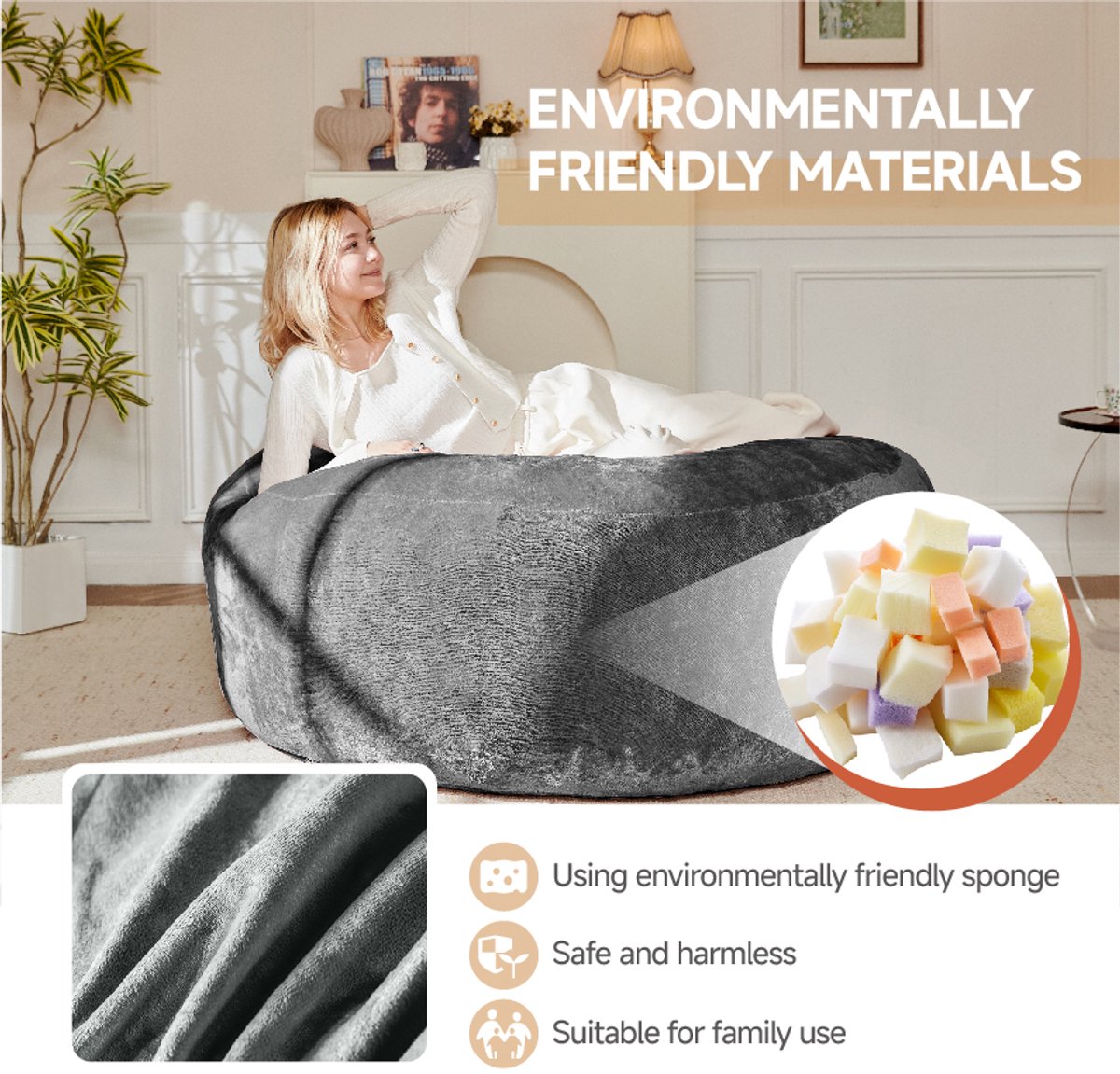 OKWISH Zitzakbank 5 Ft - Drukverlagende Lounge En Logeerbed - Opvouwbaar Voor Slaapkamer Of Balkon - Spons - Donkergrijs