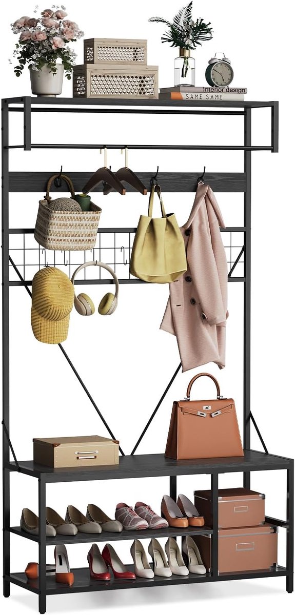 Meubels - Halmeubel - Halmeubel met bankje en schoenenopbergruimte - 5-in-1 jassen- en schoenenrek met verstelbare plank - 39,37" schoenenbankje voor in de hal met kapstok - Hangstang en 9 haken, voor hal, bijkeuken, slaapkamer, retro zwart