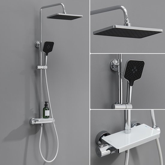 Lonheo max Douche à effet pluie avec Robinet thermostatique - Ensemble système de douche Zwart - Douche de tête et Douchette à main - Pommeau de douche avec flexible de 150 cm - Rotatif à 360° - Zwart