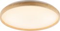 Verlichte ronde plafondlamp met een witte diffuser en houten rand.