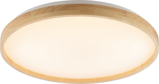 Verlichte ronde plafondlamp met een witte diffuser en houten rand.