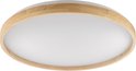 Ronde plafondlamp met een witte diffuser en een houten rand.