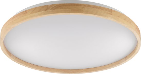 Ronde plafondlamp met een witte diffuser en een houten rand.