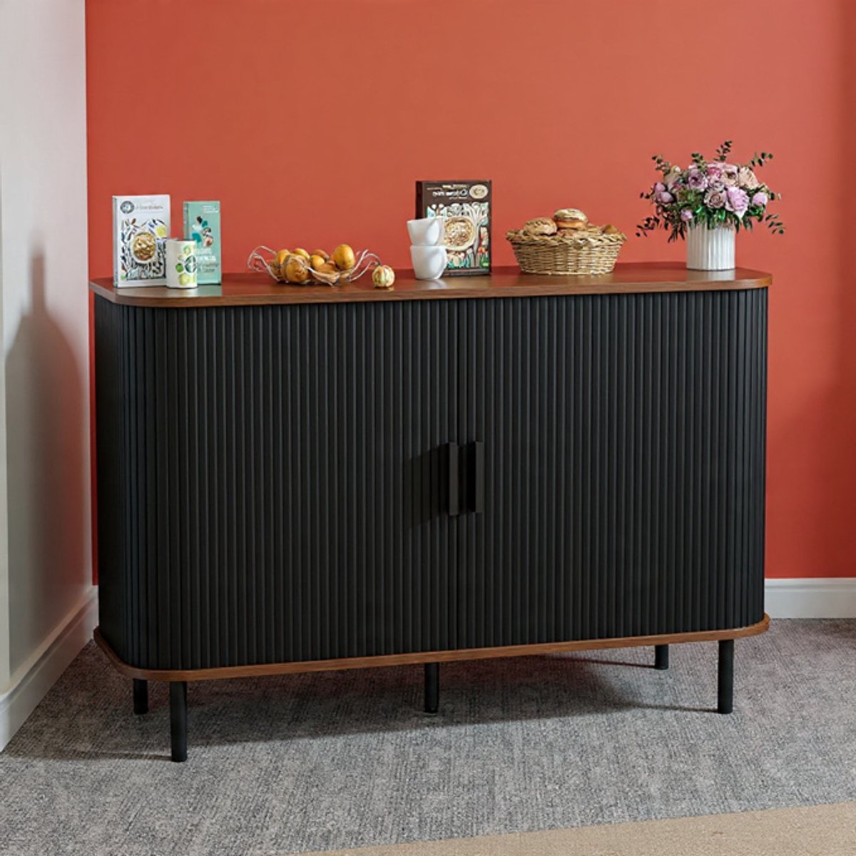 Dressoir met Schuifdeuren 120 cm – Moderne Opbergkast / Buffetkast / Koffiebar / Keukenkast met Verstelbare Planken – Zwart – 120x40x77 cm – NoviHome