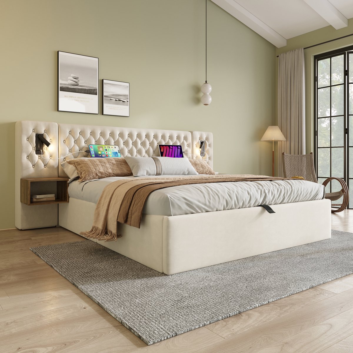 MIVRAY Gestoffeerd Bed 160x200cm - Met Hydraulische Opbergruimte En Leeslampen Met Oplaadpoorten - Met Nachtkastjes - Fluweel - Beige - Met Matras