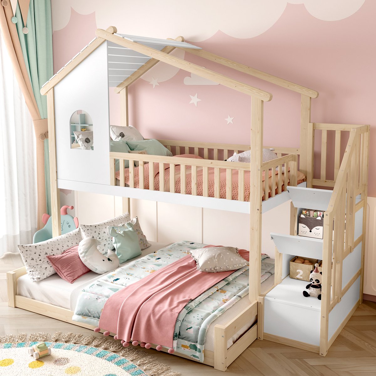 MIVRAY Stapeldbed 90x200cm 140x200cm - Huisjesontwerp Met Raam En Opbergladder - Voor Kinderkamer - Grenenhout - Naturel Wit - Zonder Matras Natuurlijk