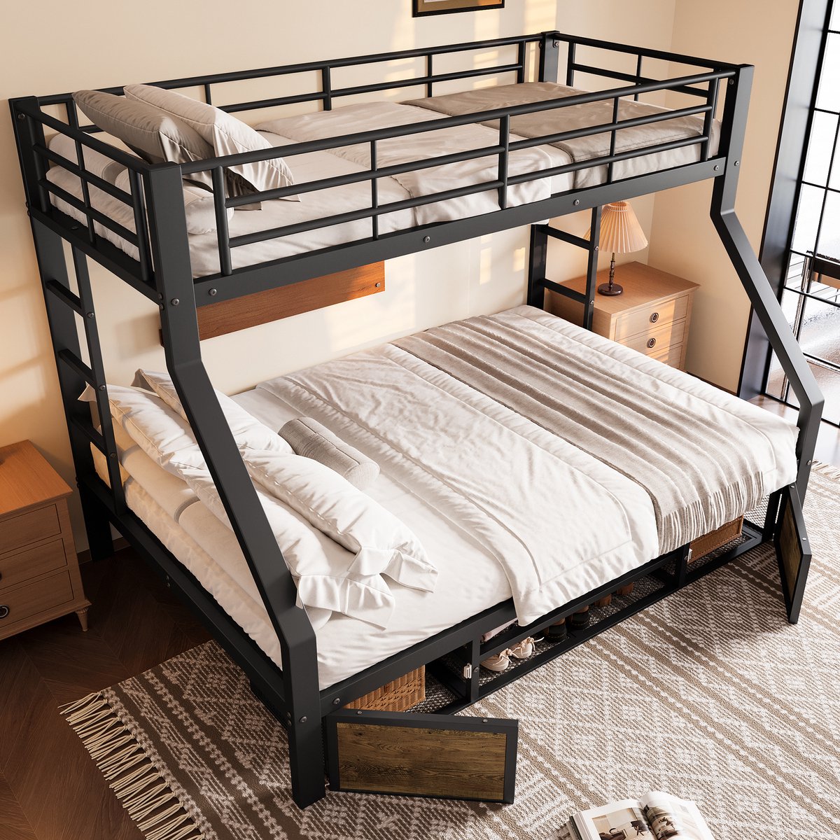 MIVRAY Stapelbed 90x200cm En 140x200cm - Kinderbed Met Schoenenkast En Opbergvakken - Met Veiligheidshekken En Ladder - Metaal - Zwart - Zonder matras