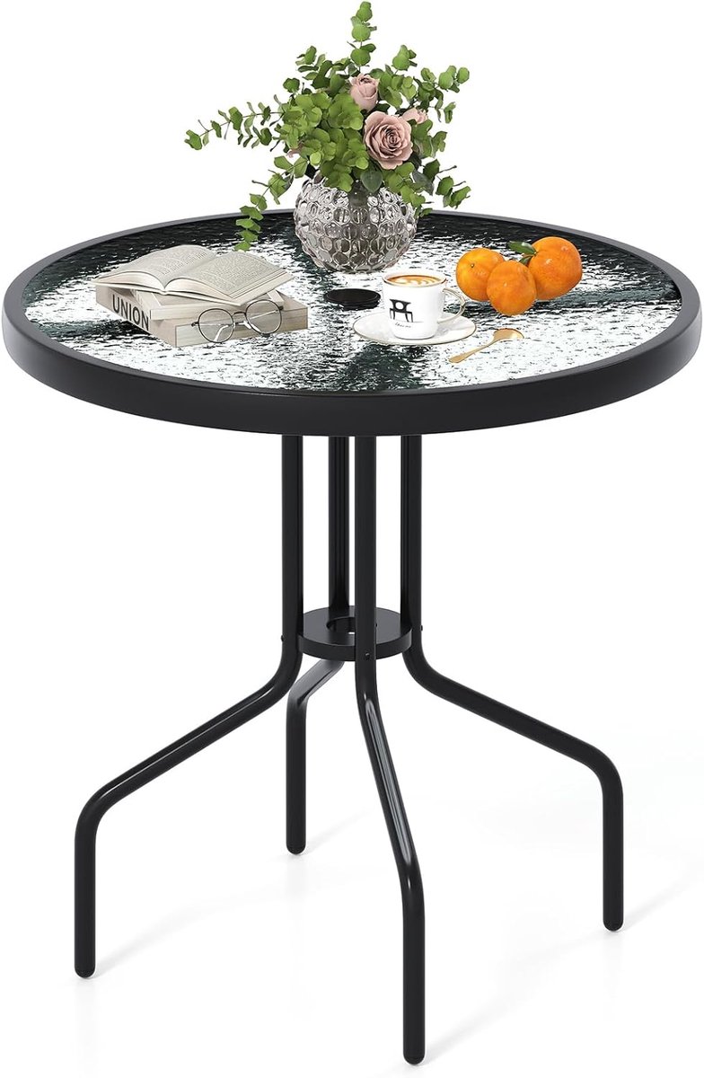 KOMFOTTEU Tuintafel - van gehard glas - met gat voor parasol van 4 cm - ronde - metalen frame - diamet70 cm