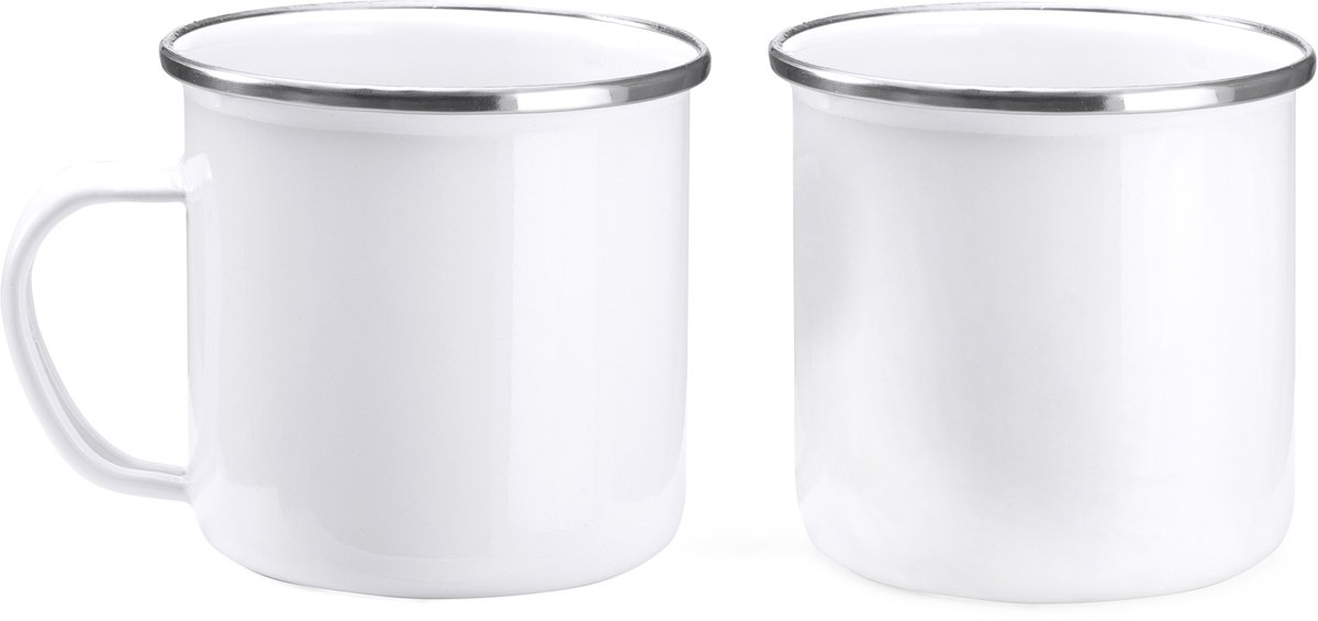 Retro-stijl geëmailleerde metalen mok. Inhoud van 380 ml.