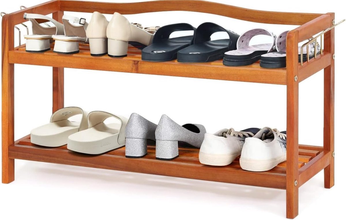 KOMFOTTEU Schoenenrek, hout, schoenenstandaard, ruimtebesparend met 4 metalen zijhaken, schoenenrek met draagvermogen van 20 kg per niveau, schoenenkast hal, woonkamer, slaapkamer (2 niveaus)