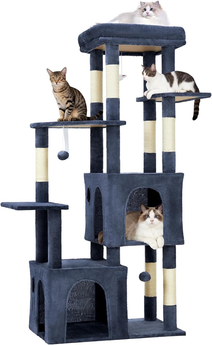 Krabpaal - Kattenkrabpaal 155 cm voor grote katten & Maine Coon - Meerniveaus klimboom met XL ligplateau, 2 ruime kattenhuisjes, 7 sisal krabpalen & speeltjes - Blauw -72x45x155CM