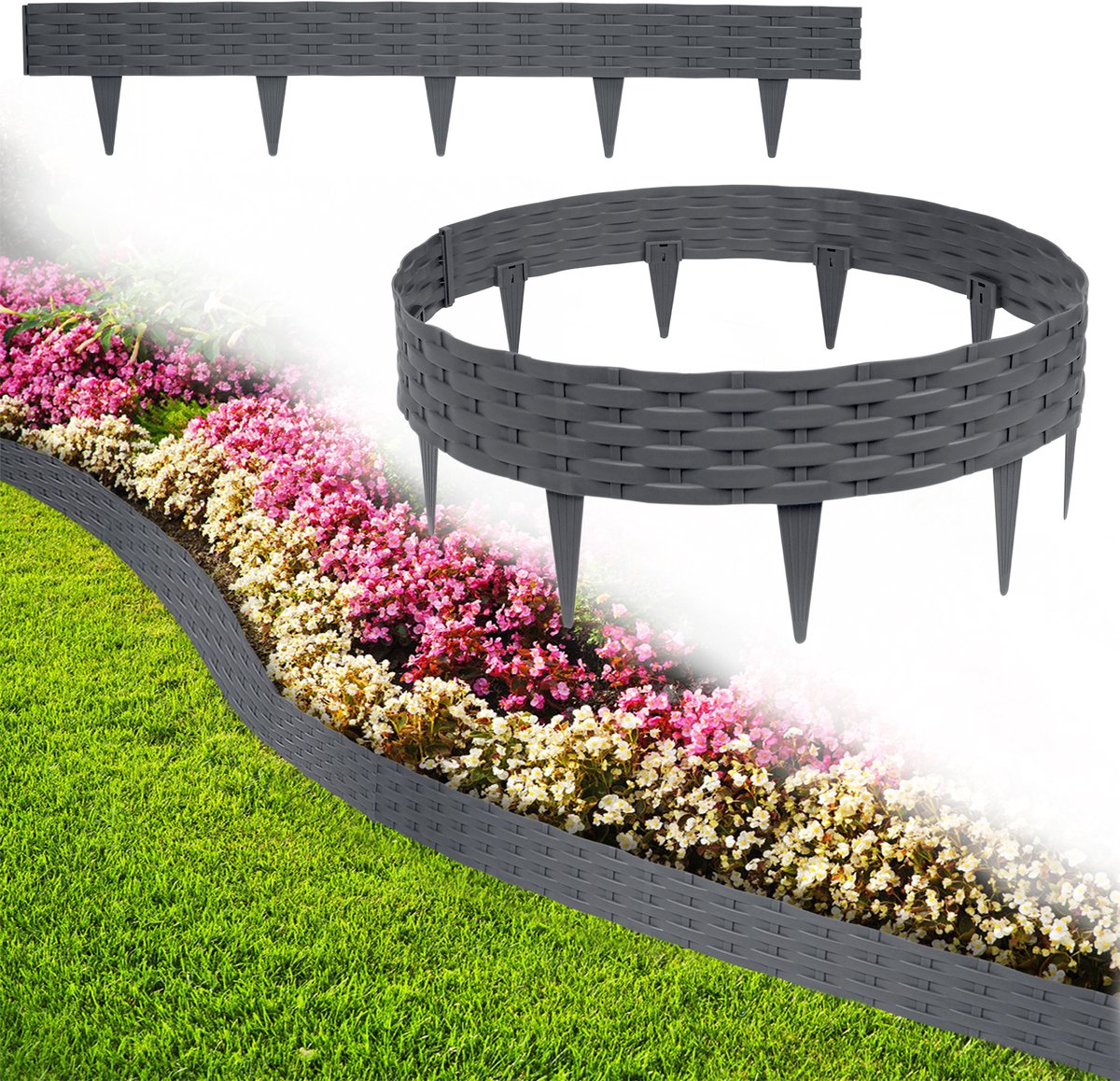 Froadp 10m Grasmaaierrand Bloembedrand Tuinpalisade met 10 Elementen á 100 cm Kunststof Rotan Design Bloembedhek Wilgenhaag Palissades Buisvormig UV-bestendig Weerbestendig Aarde Priem Antraciet