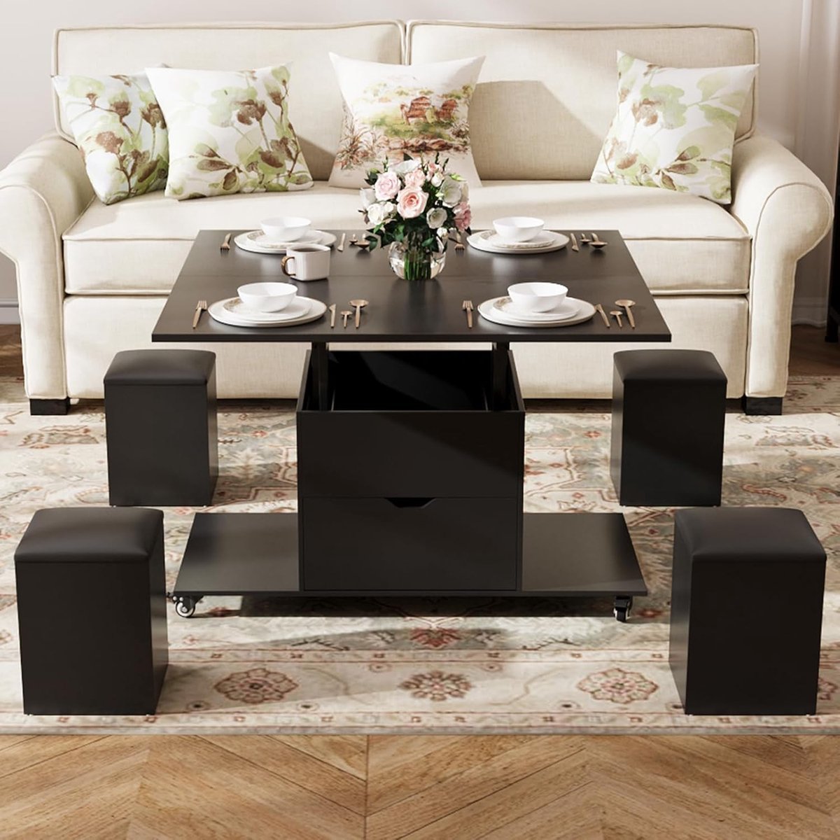 Salontafel in hoogte verstelbaar 3-in-1 – omvormbaar tot eettafel voor 8 personen – met lade en 4 opbergkrukken – multifunctionele woonkamertafel – zwart – 100 x 50 x 50 cm – Pauwhome