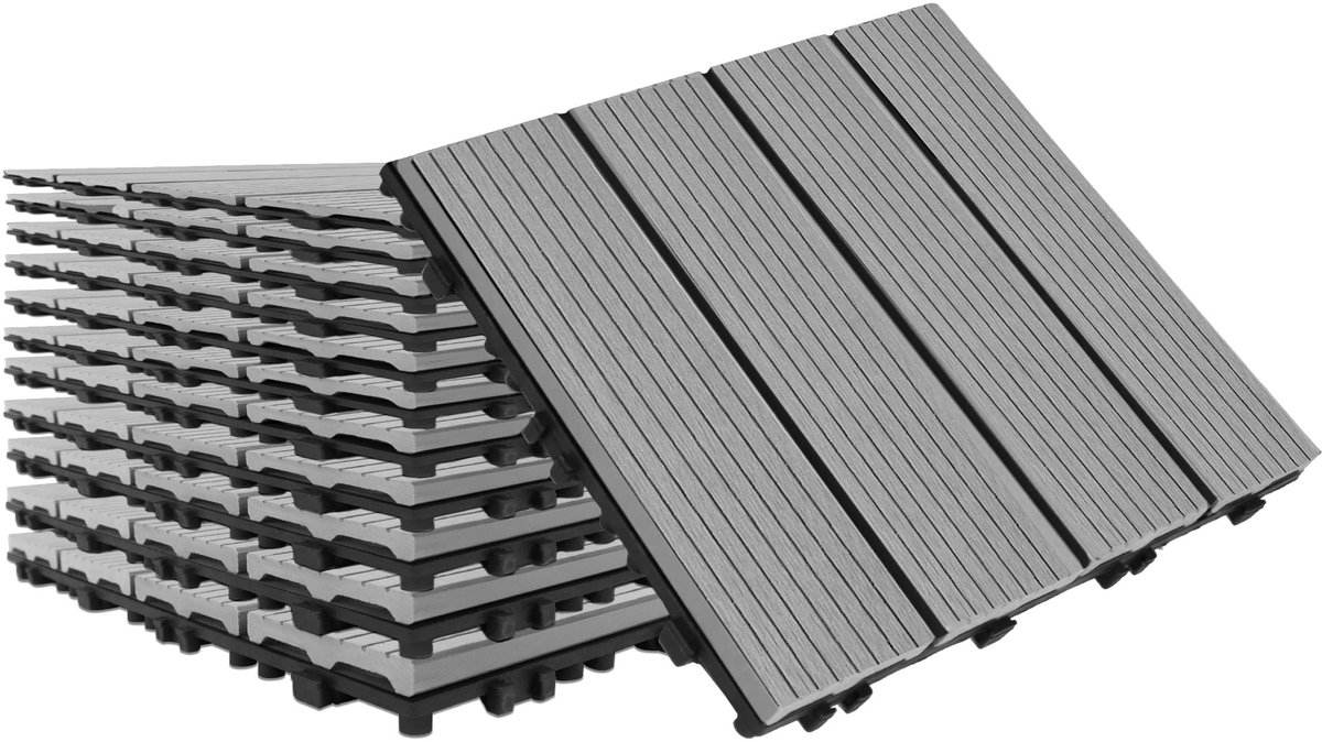 Aufun WPC Terrassenfliesen Houtlook 1m² - 11 Stuks 30x30cm Kliksysteem Lichtgrijs Tuin&Balkon
