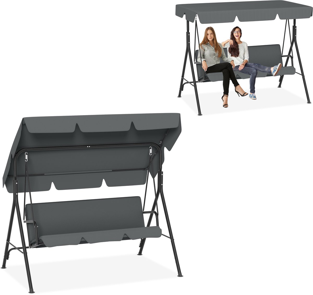 Aufun Schaukel 3 Zits - Tuinschommel Met Ligfunctie - Metalen Ligbank - Verstelbaar Zonnescherm - 193x110x152 cm - Grijs