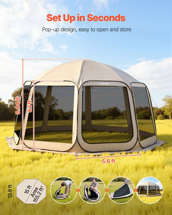 VEVOR Campingtent, 457,2 x 420,6 x 245 cm, feesttent voor 12-15 personen, pop-up tent, incl. draagtas, gaaswanden en haringen, voor tuin, terras en buitenactiviteiten, beige van Merkloos — afbeelding 4