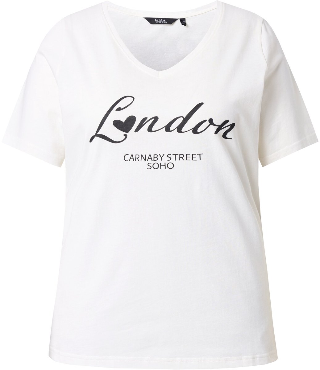 Ulla Popken - Dames - T-shirt City-tekst Slim V-hals korte mouwen - Off-white - Maat 58+