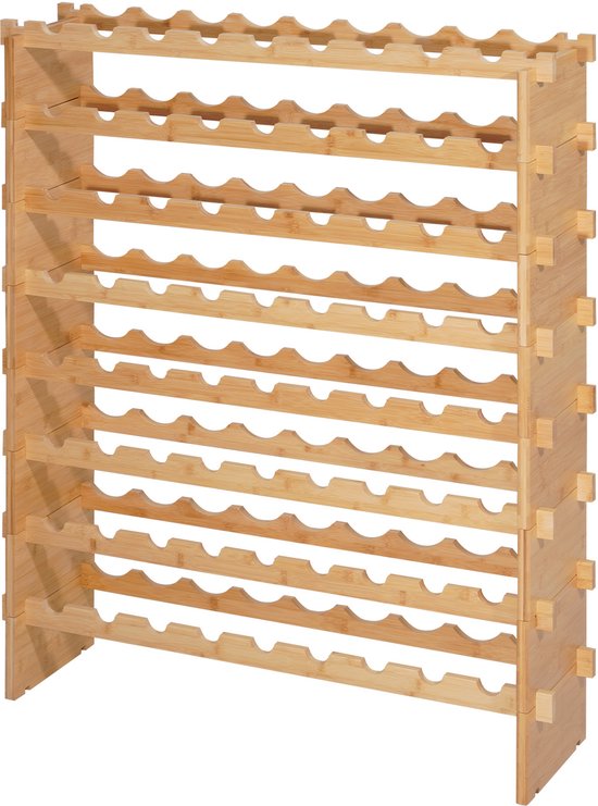 Leeg 8-laags modulair wijnrek van bamboe, 72 flessen, op witte achtergrond, afmetingen 956x250x1190 mm.