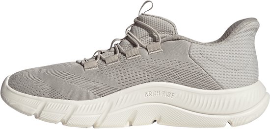 Zijaanzicht van een lichtgrijze Adidas sneaker met witte zool en 'ARCH RISE' opdruk.