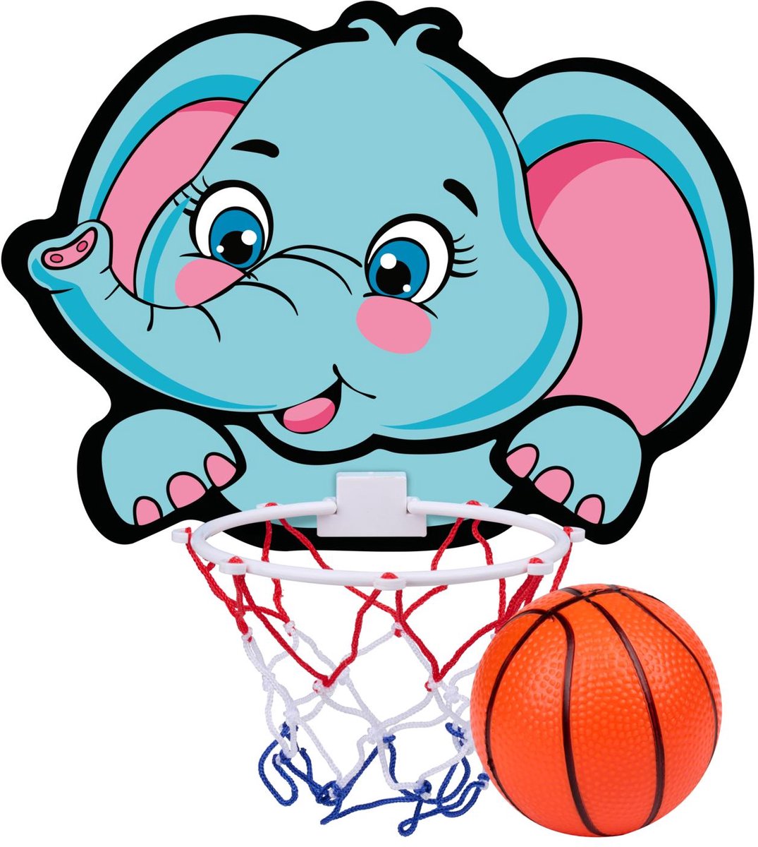 Eddy Toys Basketbal Set Olifant - Basketbal Set met Olifant Bord en Ring - Kinder Basketbal Set met Net en Bal - Basketbalbord voor Binnen - Blauw/Roze/Wit