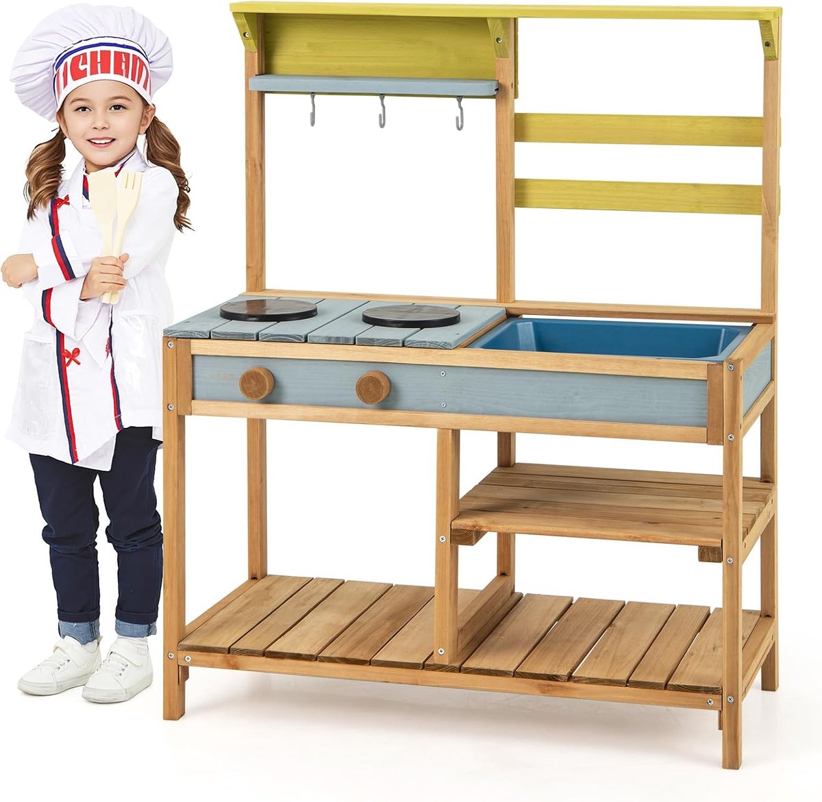 KOMFOTTEU Modderkeuken voor kinderen - speelkeuken van hout - met afneembare spoelbak en 3 haken om op te hangen - kinderkeuken met opbergruimte voor de tuin - voor jongens en meisjes vanaf 3 jaar