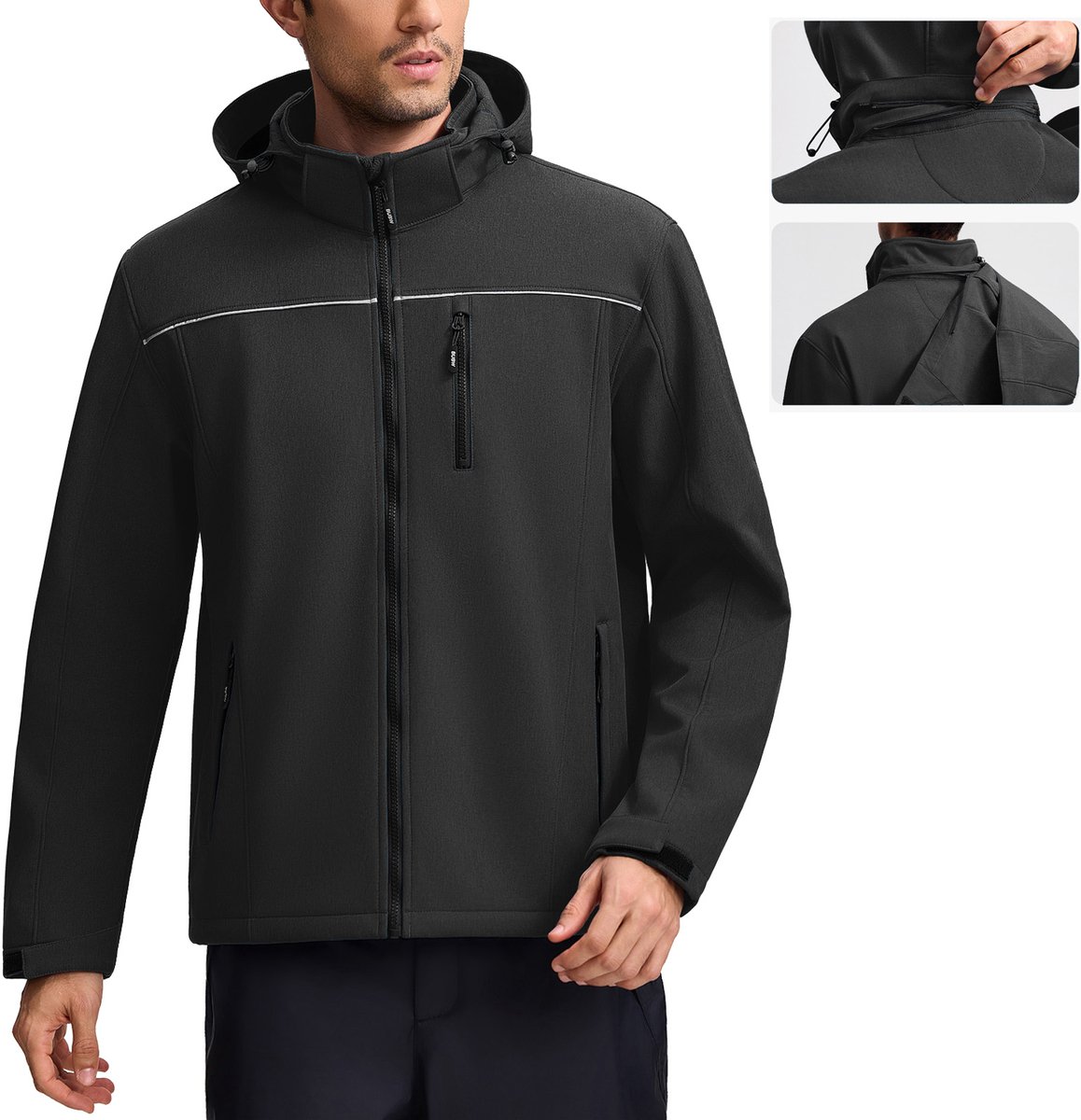 BUBW® Windjack Heren Outdoorjas Softshell Jas 4 Seizoenen Lichtgewicht Outdoor Herenjas Waterdicht & Ademend – Rits Zakken Warme Fleece Gevoerd Met Capuchon Zwart