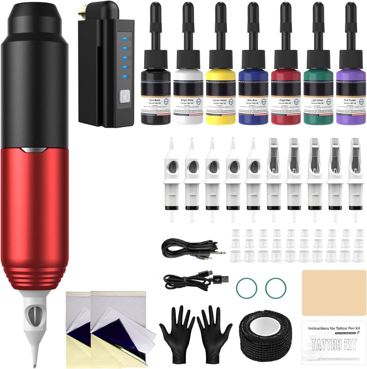 Tattoo Machine met Accessoires - Tattoo Machines Draadloos - Tattoo Set Inclusief Inkt en Naalden - Tattoo Kit -Zwart en rood