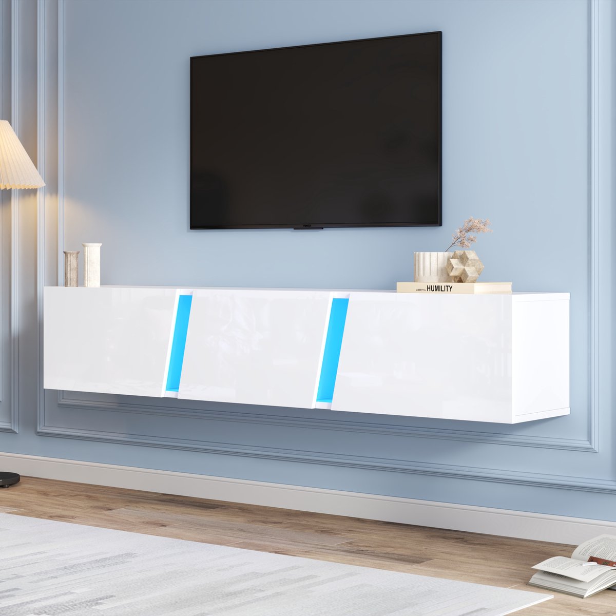 Clruro TV-meubel - 180x35x30 cm - Wandmontage en LED - Hoogglans voor 75 inch TV - Hout - Wit
