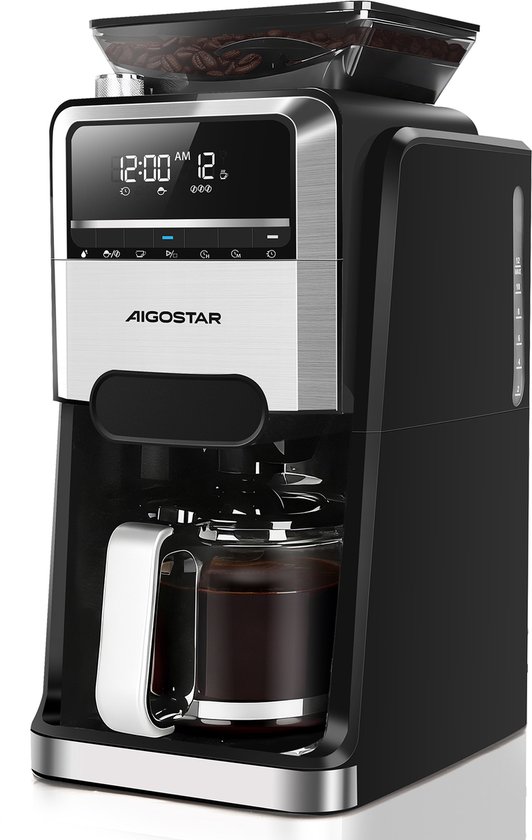 Aigostar Savor - Koffiezetapparaat met ingebouwde koffiemolen - 1.5L - Aromaselectie - Digitaal Display - Warmhoudfunctie - 24-uurs Timer - 1400W - Zwart