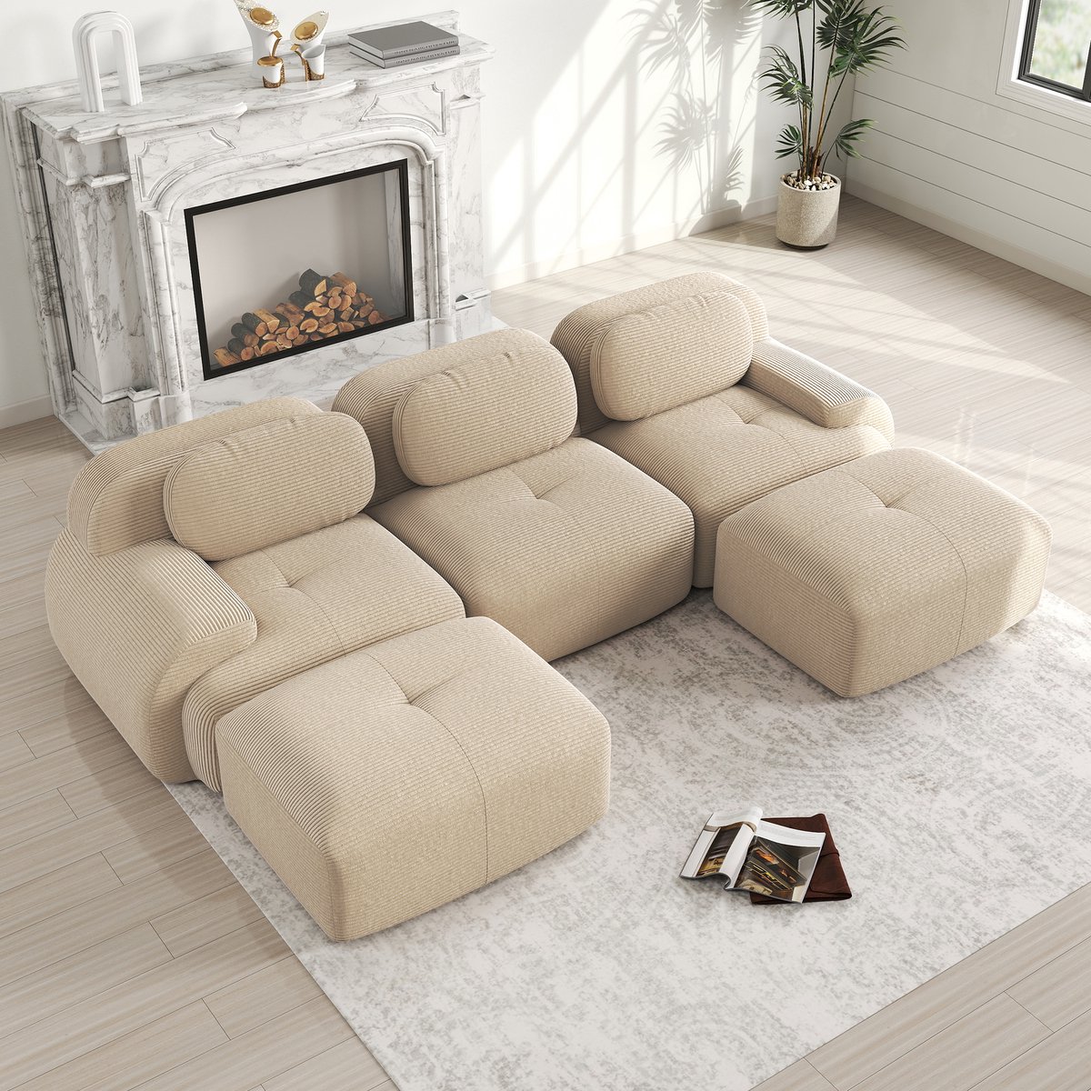 STILVORA Modulaire Hoekbank U Vorm - Montagevrij Comfort Met Extra Brede Armleuningen - Voor Woonkamer Slaapkamer En Kantoor - Cord Beige