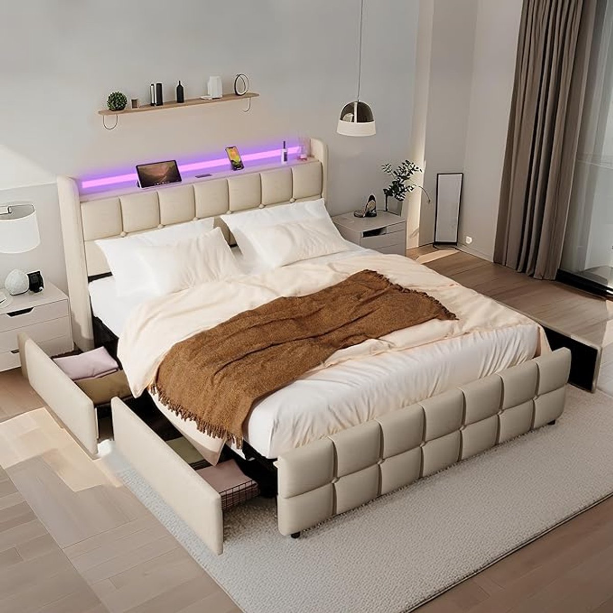 Tweepersoonsbed 160x200 cm met LED-verlichting, 4 Laden & USB/AC Oplaadstations, Modern Platform Bed met Houten Lattenbodem, Linnen Stoffering, Geluidloos – Pauwhome