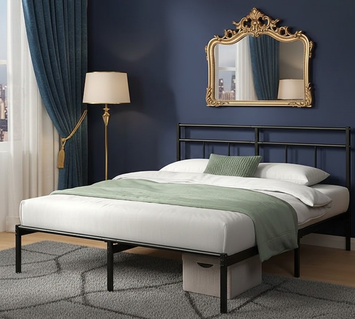 Vintage Stijl Metalen Bed 140x200 cm – Stevig Stalen Bedframe met Lattenbodem, 30 cm Opbergruimte – Modern & Duurzaam Hoofdeinde – Furniture Land