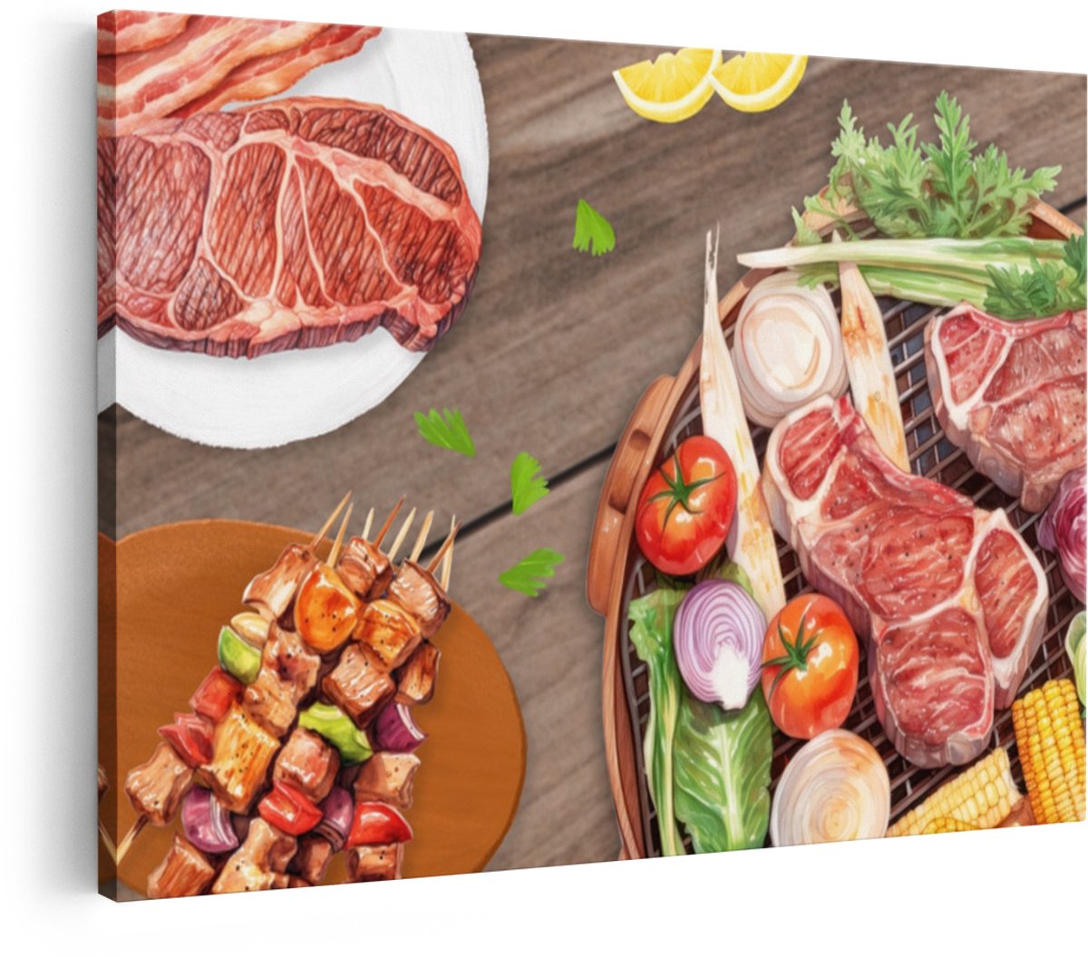 Artaza Canvas Schilderij Barbecue - 90x60 cm - Wanddecoratie Keuken - Muurdecoratie Vlees 