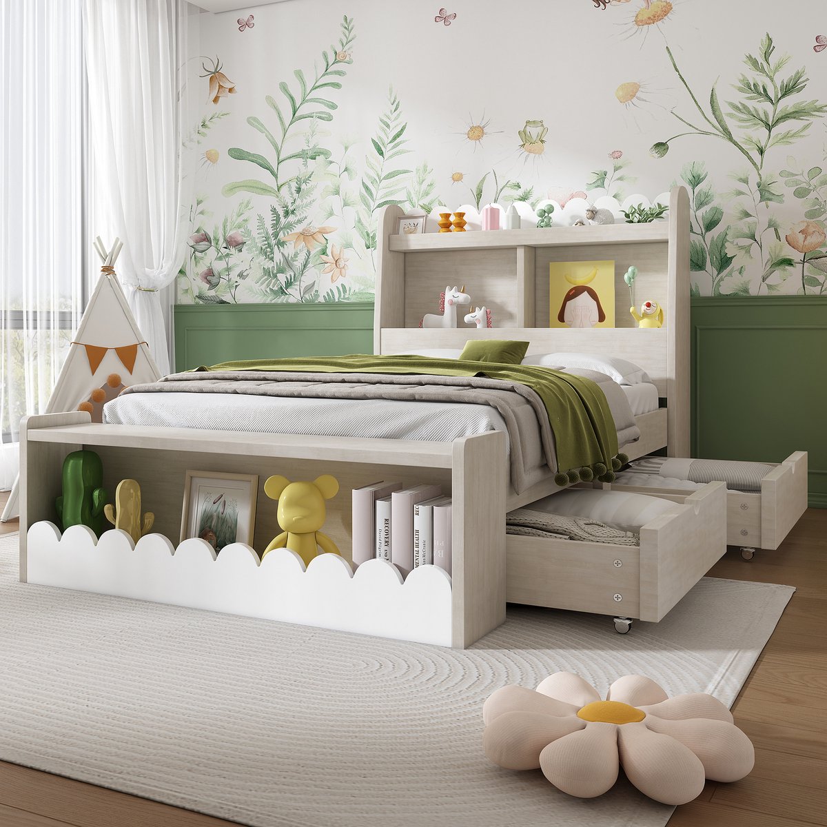 BLACKCOLORS Kinderbed met lades 90x190 cm - 2 lades, plank en geïntegreerde bank, Wit+Votan eiken