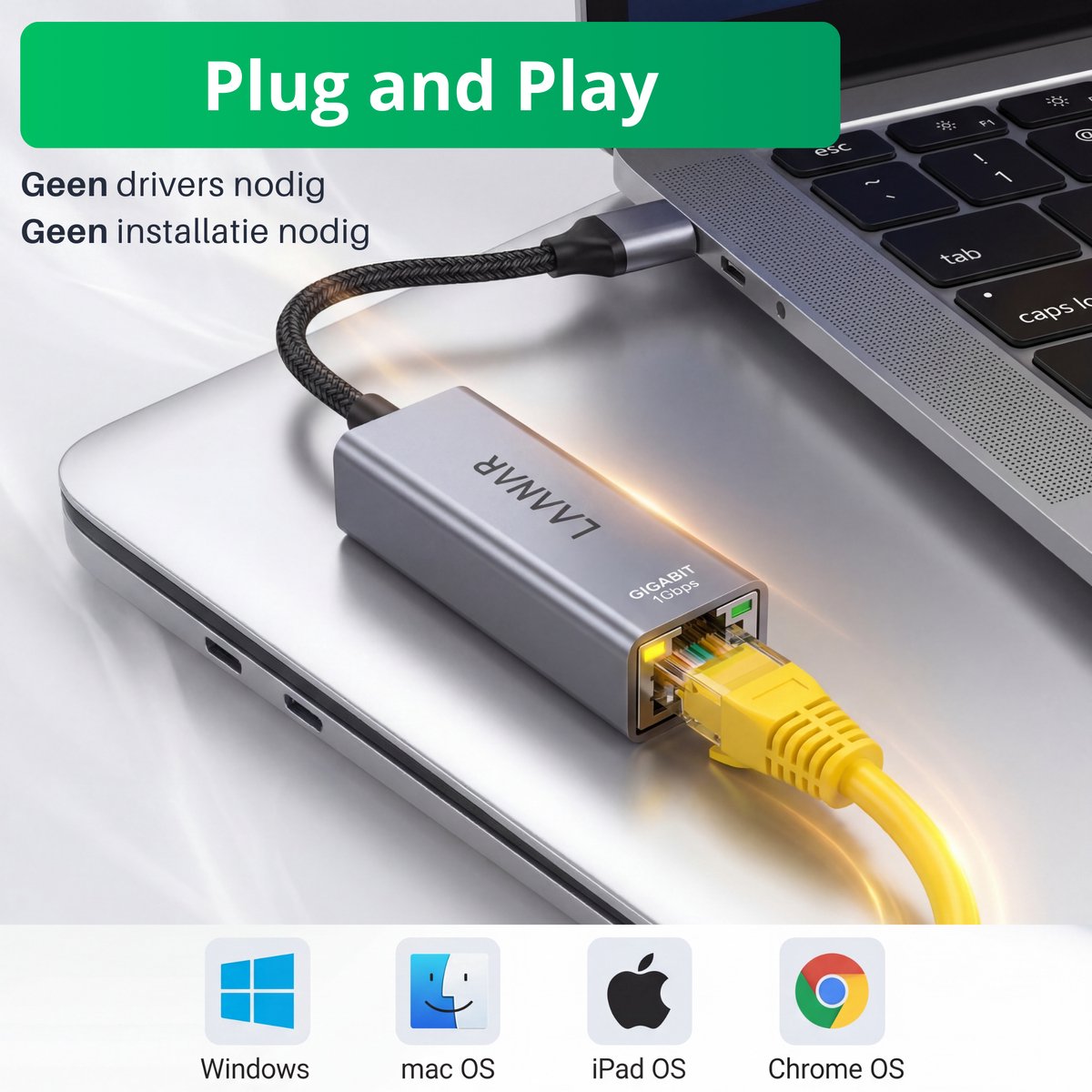 USB-C naar Ethernet Adapter 1000 Mbps Gigabit LAN RJ45 Netwerkadapter voor Laptop Mac Windows PC - Afbeelding 3