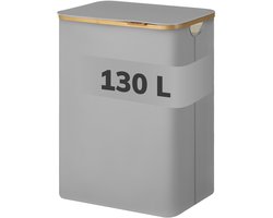 ACAZA Wasmand Met Deksel - 2 Vakken - 130 L - Bamboe - 52 x 38,5 x 70,5 cm - Grijs