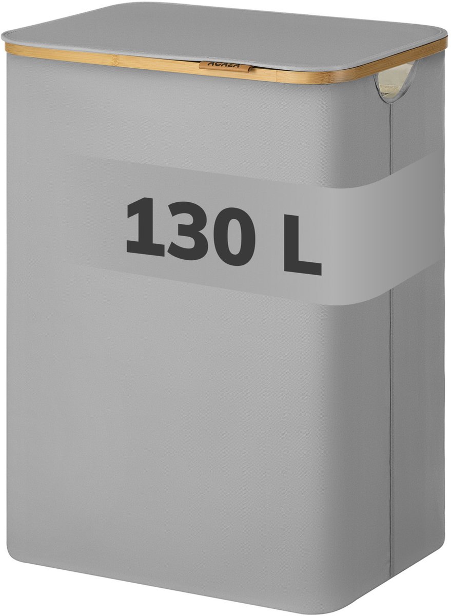 ACAZA Wasmand Met Deksel - 2 Vakken - 130 L - Bamboe - 52 x 38,5 x 70,5 cm - Grijs