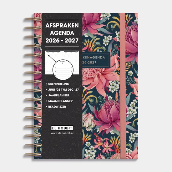 Hobbit - Afsprakenagenda 2026-2027 - A5 (14,8 x 21 cm) - Tijdindeling per uur - Zakelijke Agenda - Ringband Agenda - 1 week op 2 pagina's - Harde Kaft - Tropische Bloemen
