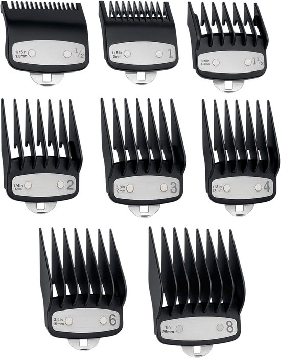 Set van acht zwarte tondeusekammen met metalen clips, met markeringen voor 1/16 tot 1 inch.