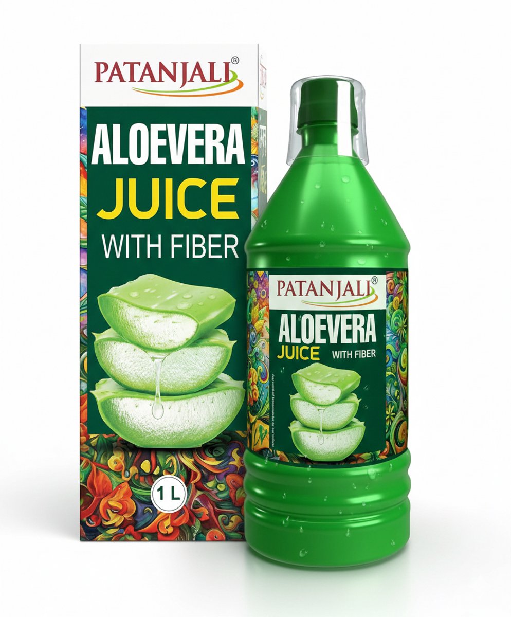 Patanjali Aloë Vera Sap met Vezel 1000 ml - Pure Aloë Vera Direct Sap, met Vezels, Ideaal voor Huid, Haar & Voeding, Voedingssupplement met Kajal Sticker