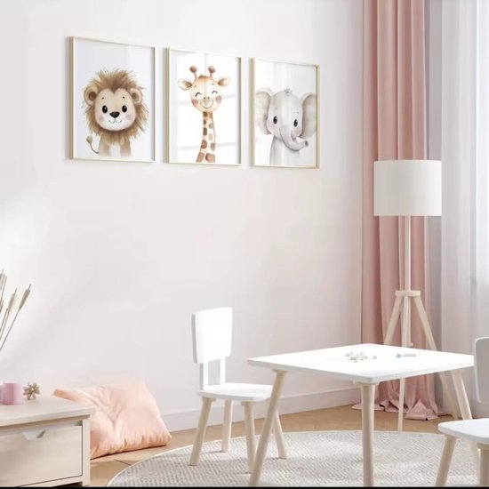 Posters Babykamer - Set van 3 Jungle Dieren - Leeuw, Giraf en Olifant - A3 - Zonder Lijst — afbeelding 2