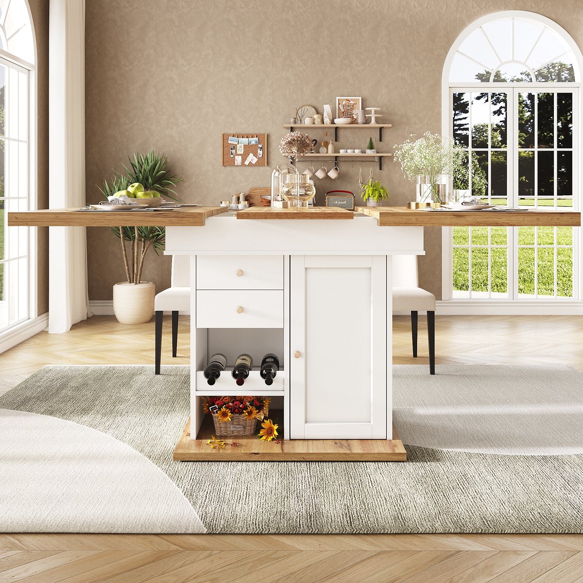 Uitschuifbare Eettafel, Opbergtafel, Keukentafel, Woonkamertafel – Geschikt Voor 4–6 Personen, Met Snackrek En Wijnrek, Geschikt Voor Keuken En Woonkamer – Wit, 110–140 × 80 × 75 cm