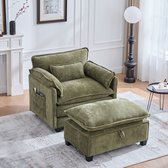 OKWISH Fauteuil 103 X 85 X 91 Cm - Brede Zit Met Opberghocker En Zijvak - Voor Lezen En Ontspannen - Chenille - Olijfgroen