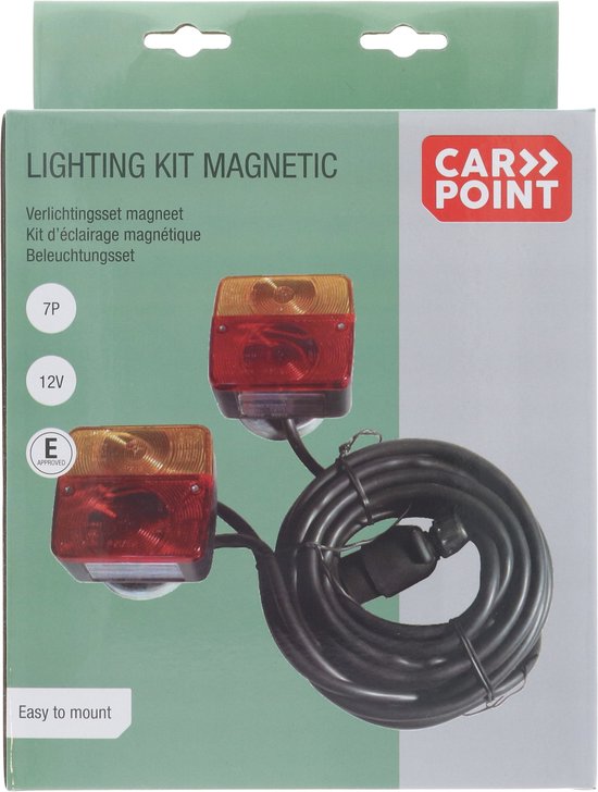 Emballage de kit d'éclairage magnétique Carpoint avec deux feux arrière rouge-orange et un câble noir.